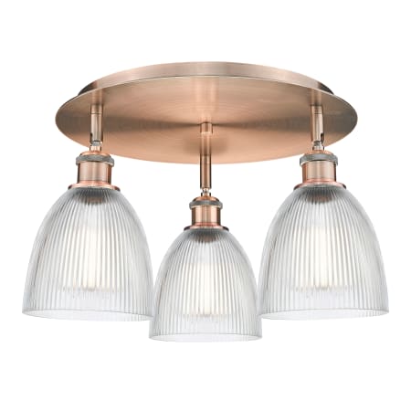 A large image of the Innovations Lighting 516-3C-10-18 Castile Flush Antique Copper / Clear