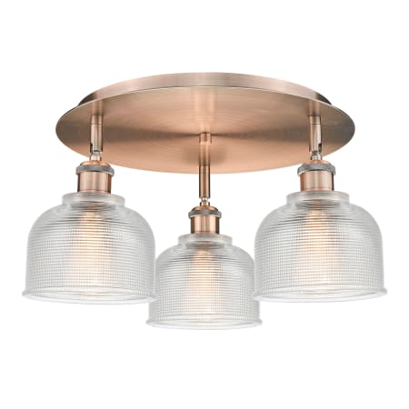 A large image of the Innovations Lighting 516-3C-9-18 Dayton Flush Antique Copper / Clear