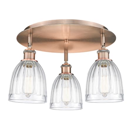 A large image of the Innovations Lighting 516-3C-10-18 Brookfield Flush Antique Copper / Clear