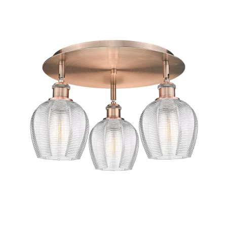 A large image of the Innovations Lighting 516-3C-10-18 Norfolk Flush Antique Copper / Clear