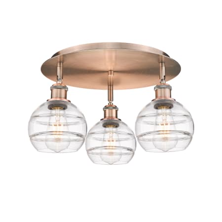 A large image of the Innovations Lighting 516-3C-9-18 Rochester Flush Antique Copper / Clear