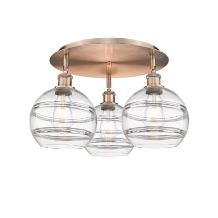 A large image of the Innovations Lighting 516-3C-11-20 Rochester Flush Antique Copper / Clear