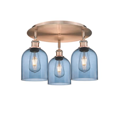 A large image of the Innovations Lighting 516-3C-11-18 Bella Flush Antique Copper / Princess Blue