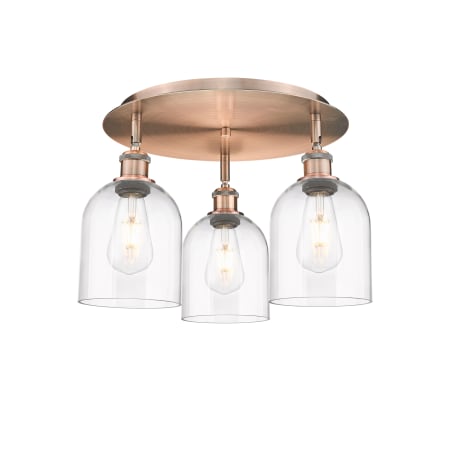 A large image of the Innovations Lighting 516-3C-11-18 Bella Flush Antique Copper / Clear