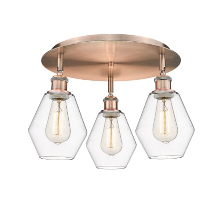 A large image of the Innovations Lighting 516-3C-10-18 Cindyrella Flush Antique Copper / Clear