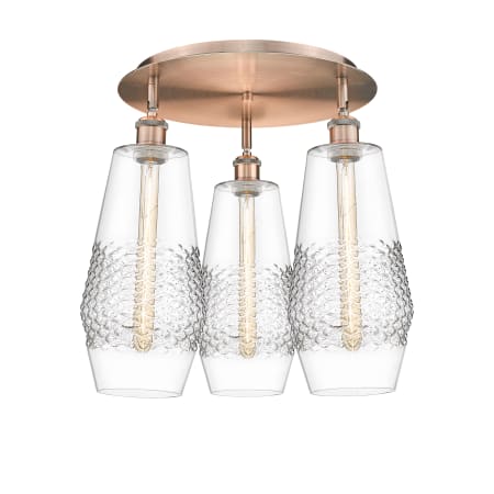 A large image of the Innovations Lighting 516-3C-17-19 Windham Flush Antique Copper / Clear