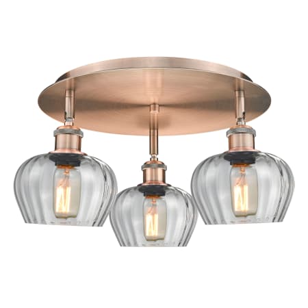 A large image of the Innovations Lighting 516-3C-8-19 Fenton Flush Antique Copper / Clear