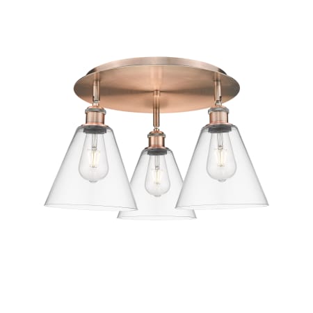 A large image of the Innovations Lighting 516-3C-11-20 Berkshire Flush Antique Copper / Clear