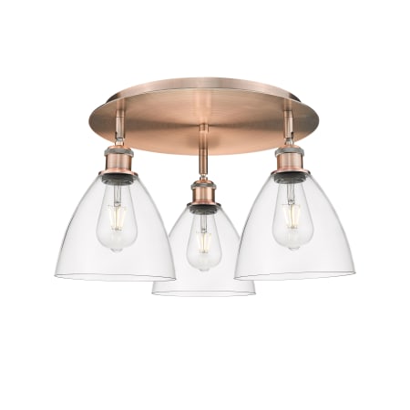 A large image of the Innovations Lighting 516-3C-10-20 Bristol Glass Flush Antique Copper / Clear