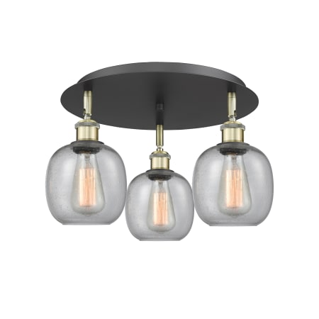 A large image of the Innovations Lighting 516-3C-10-18 Belfast Flush Black Antique Brass / Seedy