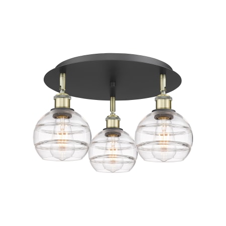 A large image of the Innovations Lighting 516-3C-9-18 Rochester Flush Black Antique Brass / Clear