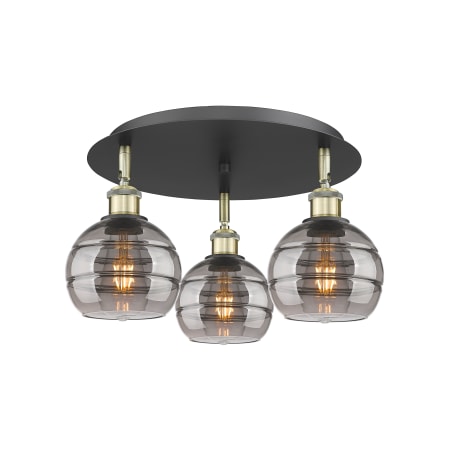 A large image of the Innovations Lighting 516-3C-9-18 Rochester Flush Black Antique Brass / Light Smoke