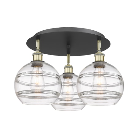 A large image of the Innovations Lighting 516-3C-11-20 Rochester Flush Black Antique Brass / Clear