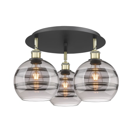 A large image of the Innovations Lighting 516-3C-11-20 Rochester Flush Black Antique Brass / Light Smoke