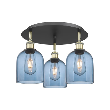 A large image of the Innovations Lighting 516-3C-11-18 Bella Flush Black Antique Brass / Princess Blue