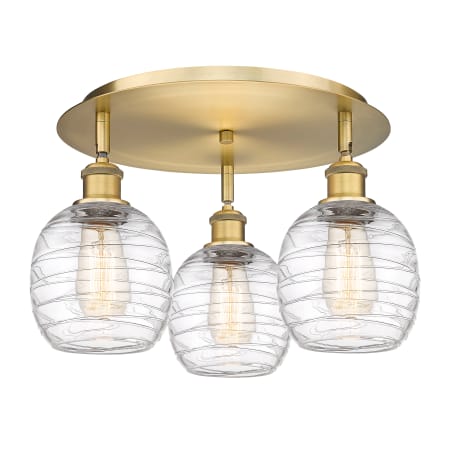 A large image of the Innovations Lighting 516-3C-10-18 Belfast Flush Brushed Brass / Deco Swirl