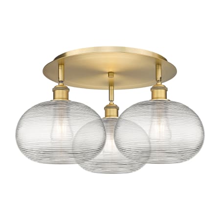 A large image of the Innovations Lighting 516-3C-11-22 Ithaca Flush Brushed Brass / Clear Ithaca