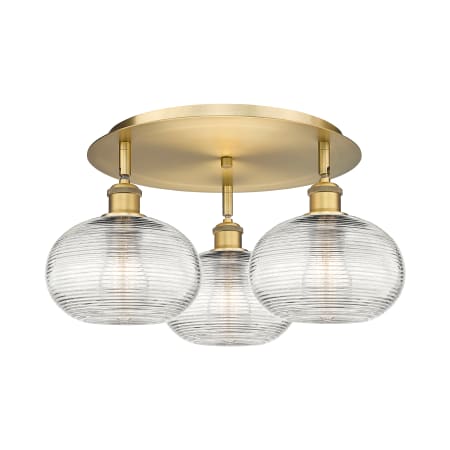A large image of the Innovations Lighting 516-3C-10-20 Ithaca Flush Brushed Brass / Clear Ithaca