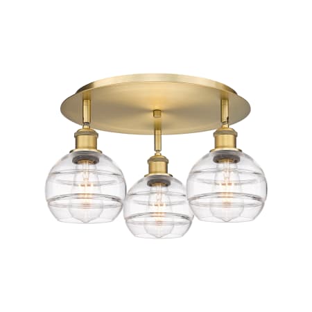 A large image of the Innovations Lighting 516-3C-9-18 Rochester Flush Brushed Brass / Clear