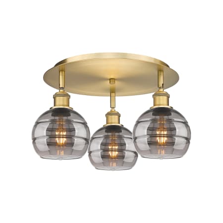 A large image of the Innovations Lighting 516-3C-9-18 Rochester Flush Brushed Brass / Light Smoke