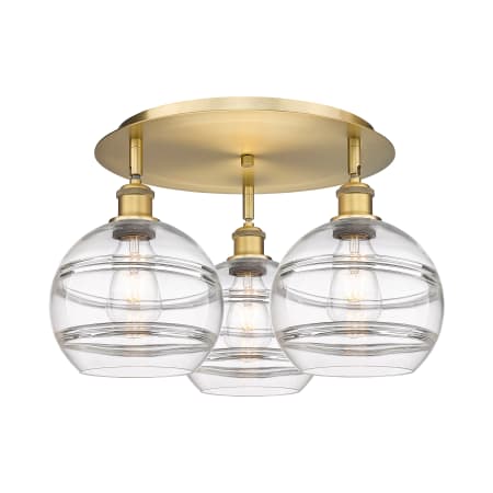 A large image of the Innovations Lighting 516-3C-11-20 Rochester Flush Brushed Brass / Clear