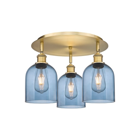 A large image of the Innovations Lighting 516-3C-11-18 Bella Flush Brushed Brass / Princess Blue