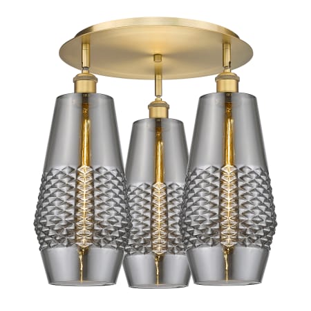 A large image of the Innovations Lighting 516-3C-17-19 Windham Flush Brushed Brass / Smoked