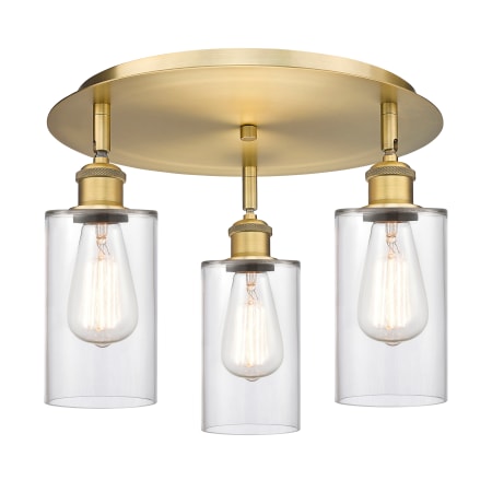 A large image of the Innovations Lighting 516-3C-10-16 Clymer Flush Brushed Brass / Clear