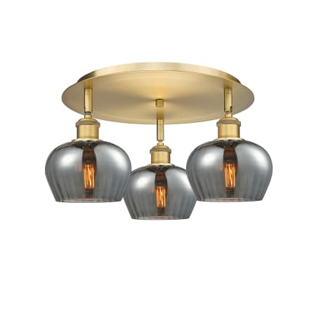 A large image of the Innovations Lighting 516-3C-8-19 Fenton Flush Brushed Brass / Plated Smoke