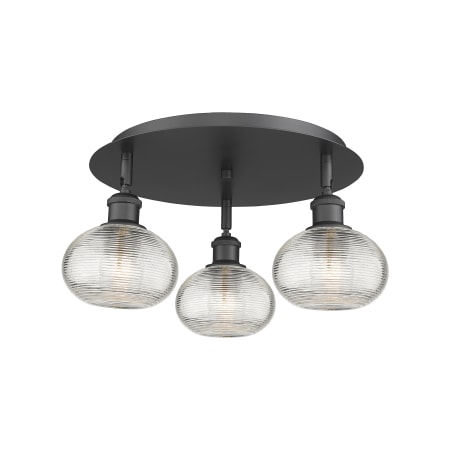 A large image of the Innovations Lighting 516-3C-8-18 Ithaca Flush Matte Black / Clear Ithaca