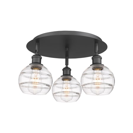 A large image of the Innovations Lighting 516-3C-9-18 Rochester Flush Matte Black / Clear