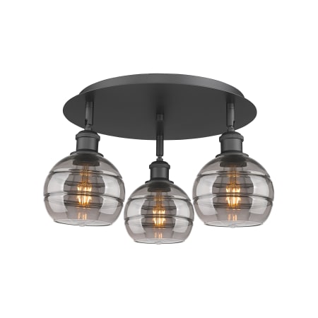 A large image of the Innovations Lighting 516-3C-9-18 Rochester Flush Matte Black / Light Smoke