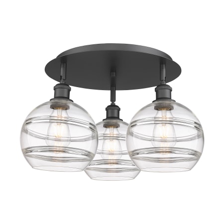 A large image of the Innovations Lighting 516-3C-11-20 Rochester Flush Matte Black / Clear