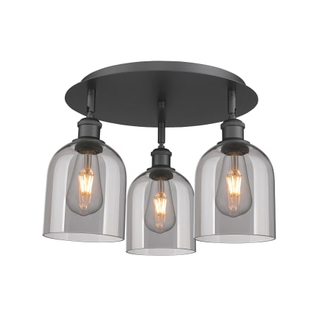 A large image of the Innovations Lighting 516-3C-11-18 Bella Flush Matte Black / Light Smoke