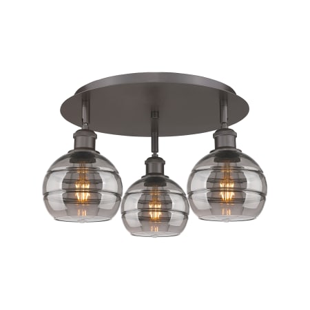 A large image of the Innovations Lighting 516-3C-9-18 Rochester Flush Oil Rubbed Bronze / Light Smoke