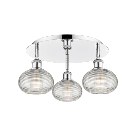 A large image of the Innovations Lighting 516-3C-8-18 Ithaca Flush Polished Chrome / Clear Ithaca