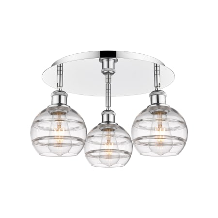 A large image of the Innovations Lighting 516-3C-9-18 Rochester Flush Polished Chrome / Clear