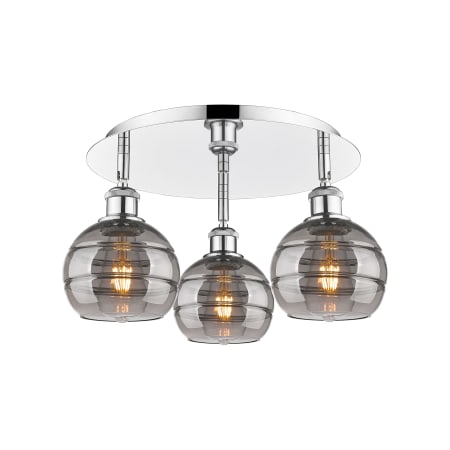 A large image of the Innovations Lighting 516-3C-9-18 Rochester Flush Polished Chrome / Light Smoke