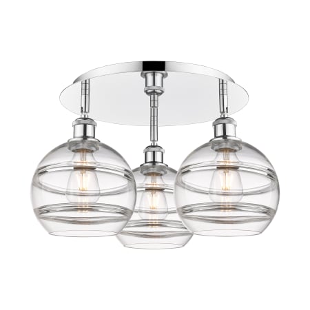 A large image of the Innovations Lighting 516-3C-11-20 Rochester Flush Polished Chrome / Clear