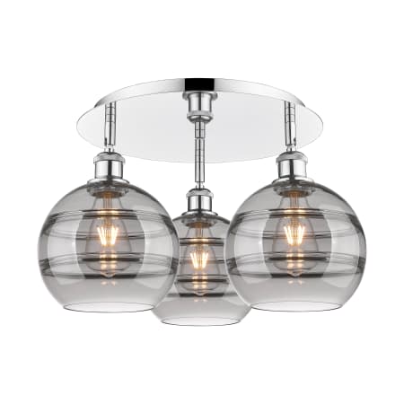 A large image of the Innovations Lighting 516-3C-11-20 Rochester Flush Polished Chrome / Light Smoke