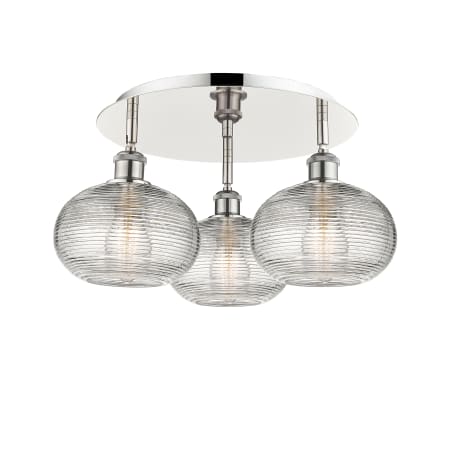 A large image of the Innovations Lighting 516-3C-10-20 Ithaca Flush Polished Nickel / Clear Ithaca
