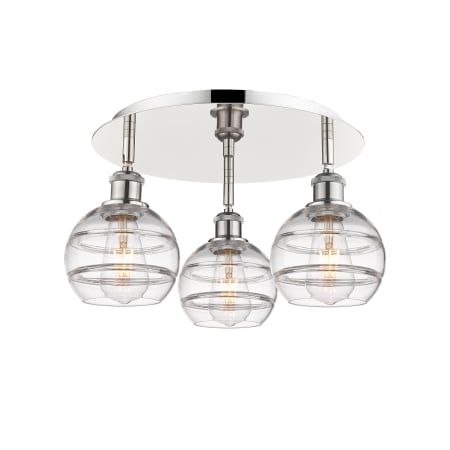 A large image of the Innovations Lighting 516-3C-9-18 Rochester Flush Polished Nickel / Clear