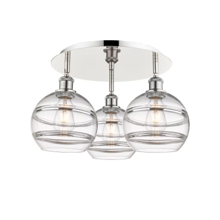 A large image of the Innovations Lighting 516-3C-11-20 Rochester Flush Polished Nickel / Clear