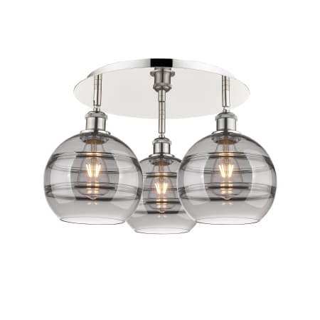 A large image of the Innovations Lighting 516-3C-11-20 Rochester Flush Polished Nickel / Light Smoke