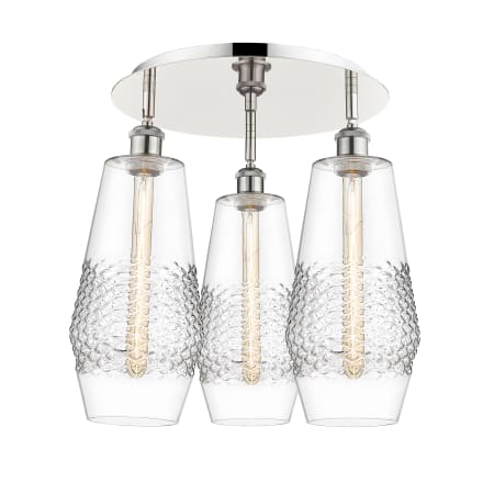 A large image of the Innovations Lighting 516-3C-17-19 Windham Flush Polished Nickel / Clear