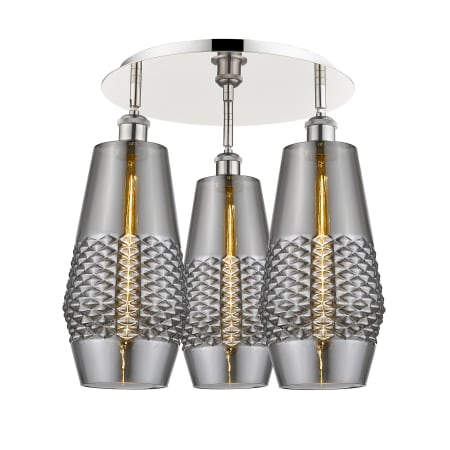 A large image of the Innovations Lighting 516-3C-17-19 Windham Flush Polished Nickel / Smoked