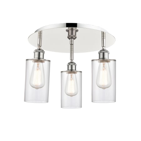 A large image of the Innovations Lighting 516-3C-10-16 Clymer Flush Polished Nickel / Clear
