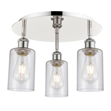 A large image of the Innovations Lighting 516-3C-10-16 Clymer Flush Polished Nickel / Seedy
