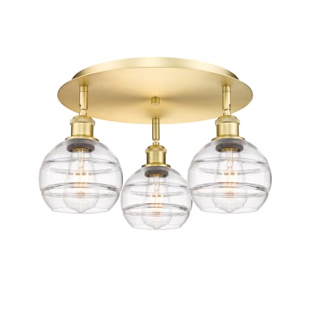 A large image of the Innovations Lighting 516-3C-9-18 Rochester Flush Satin Gold / Clear