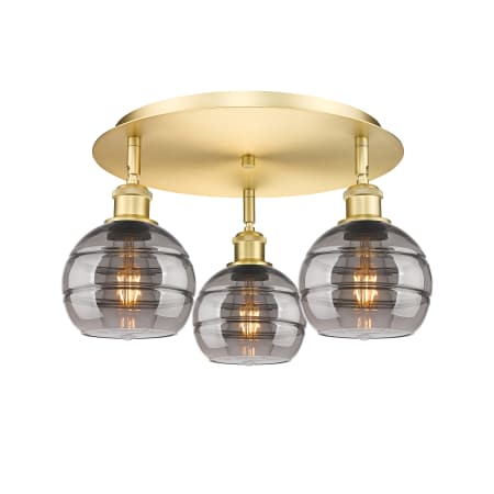 A large image of the Innovations Lighting 516-3C-9-18 Rochester Flush Satin Gold / Light Smoke